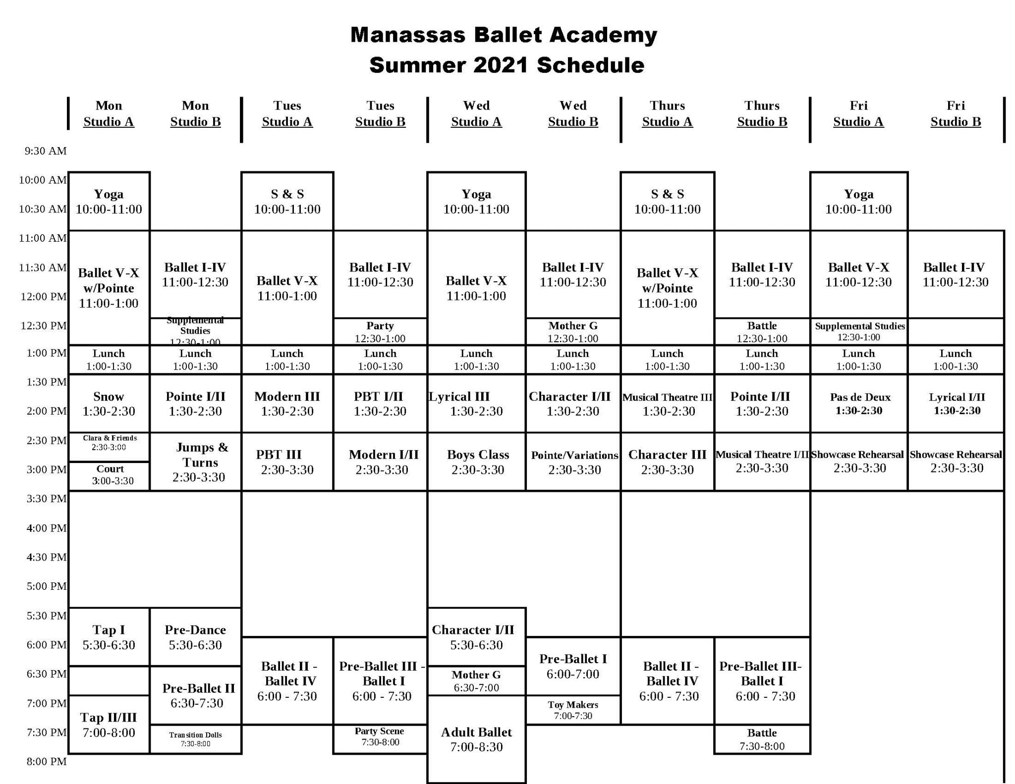 Summer Schedule 2021 No Instructors (1) Manassas Ballet Theatre