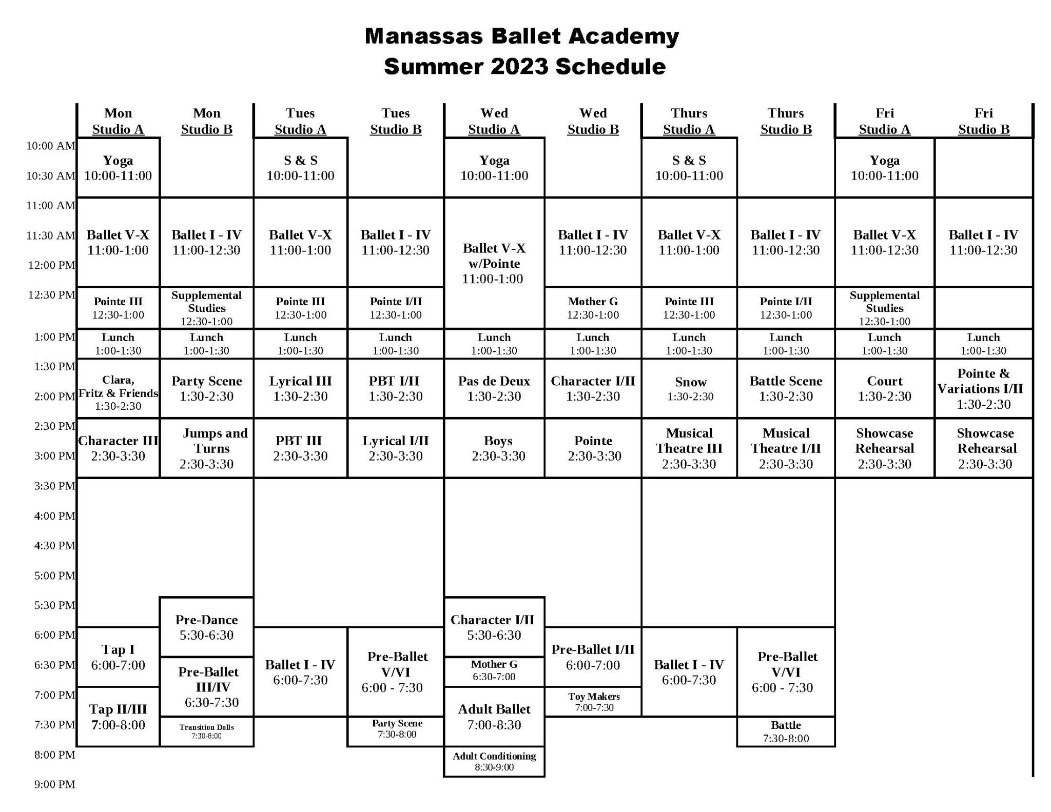 Summer Schedule 2023 Manassas Ballet Theatre