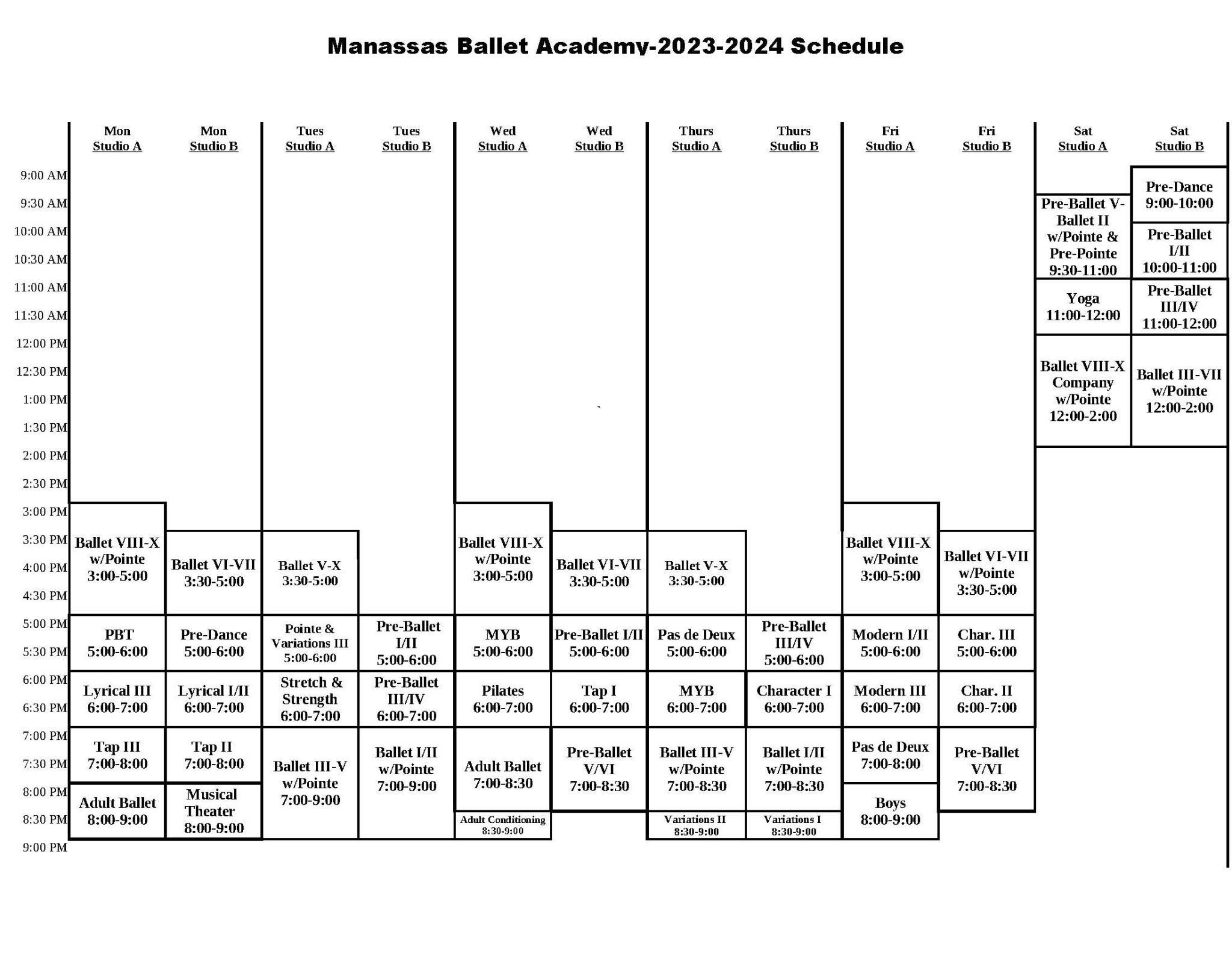 MBA Schedule 20232024 Manassas Ballet Theatre
