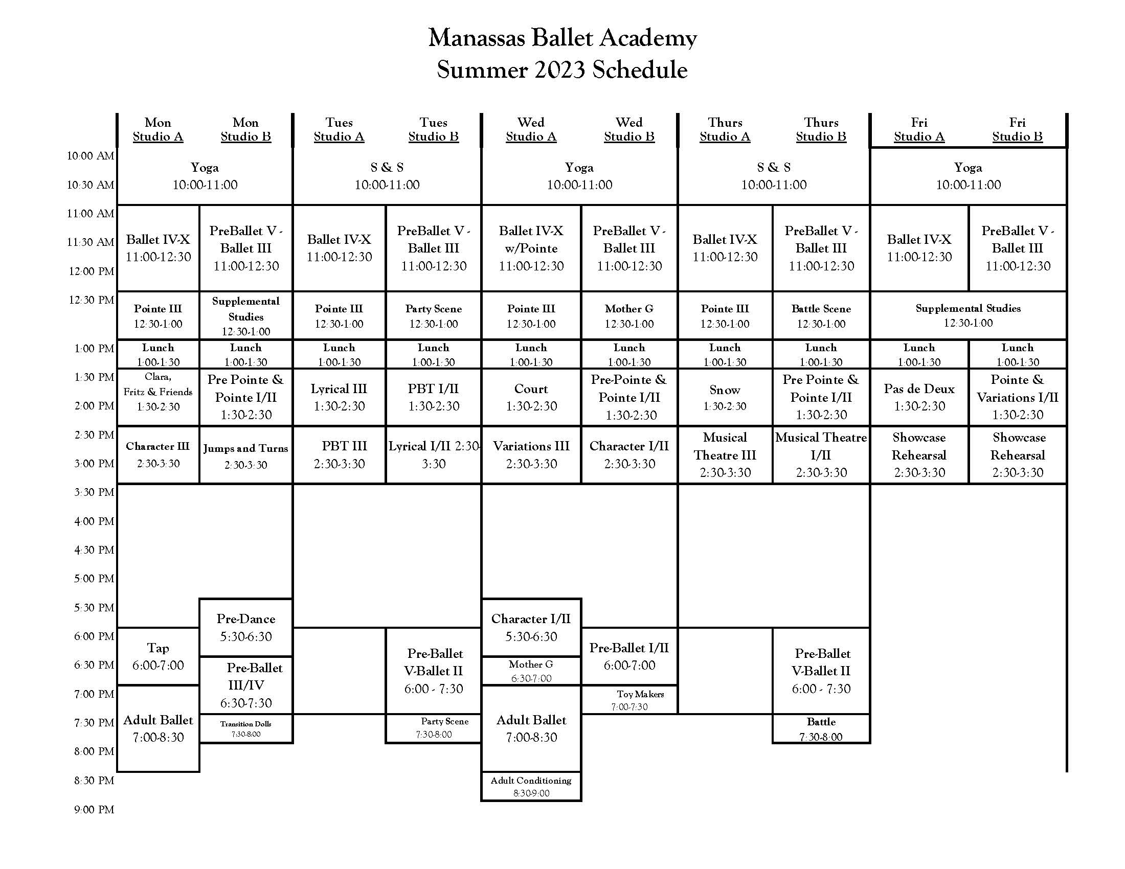 Updated Summer Schedule 2023 07.18.23 Manassas Ballet Theatre
